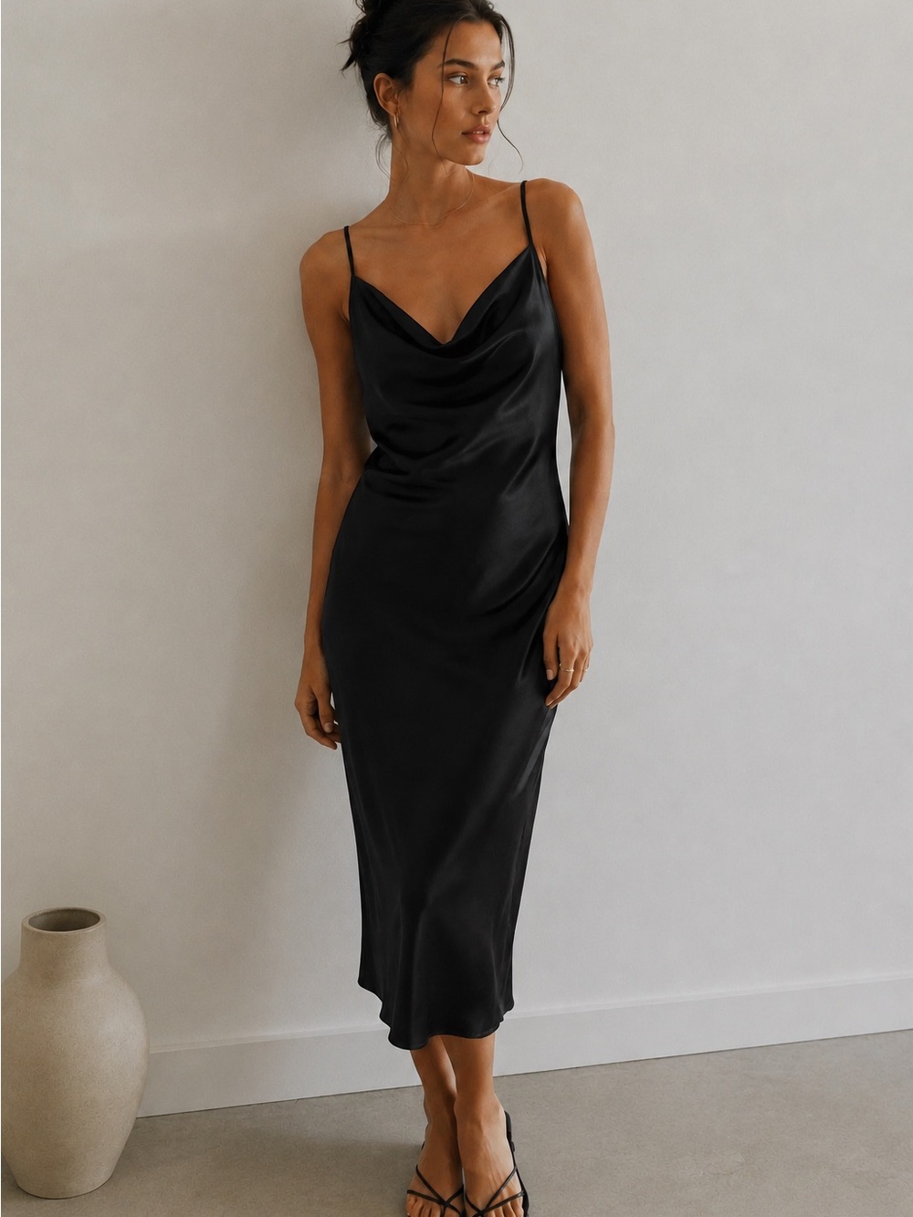 Vintage bebe Black Satin Cowl Neck Slip Dress M Made USA Y2K Minimalist Midi 90s